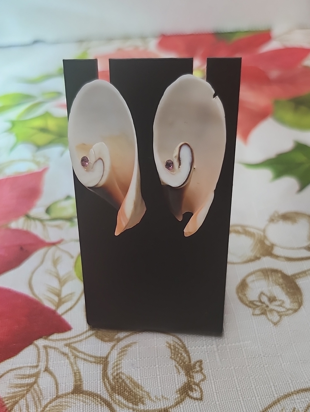 White and Peach Shell Spiral Earrings with Pink Gem Accent